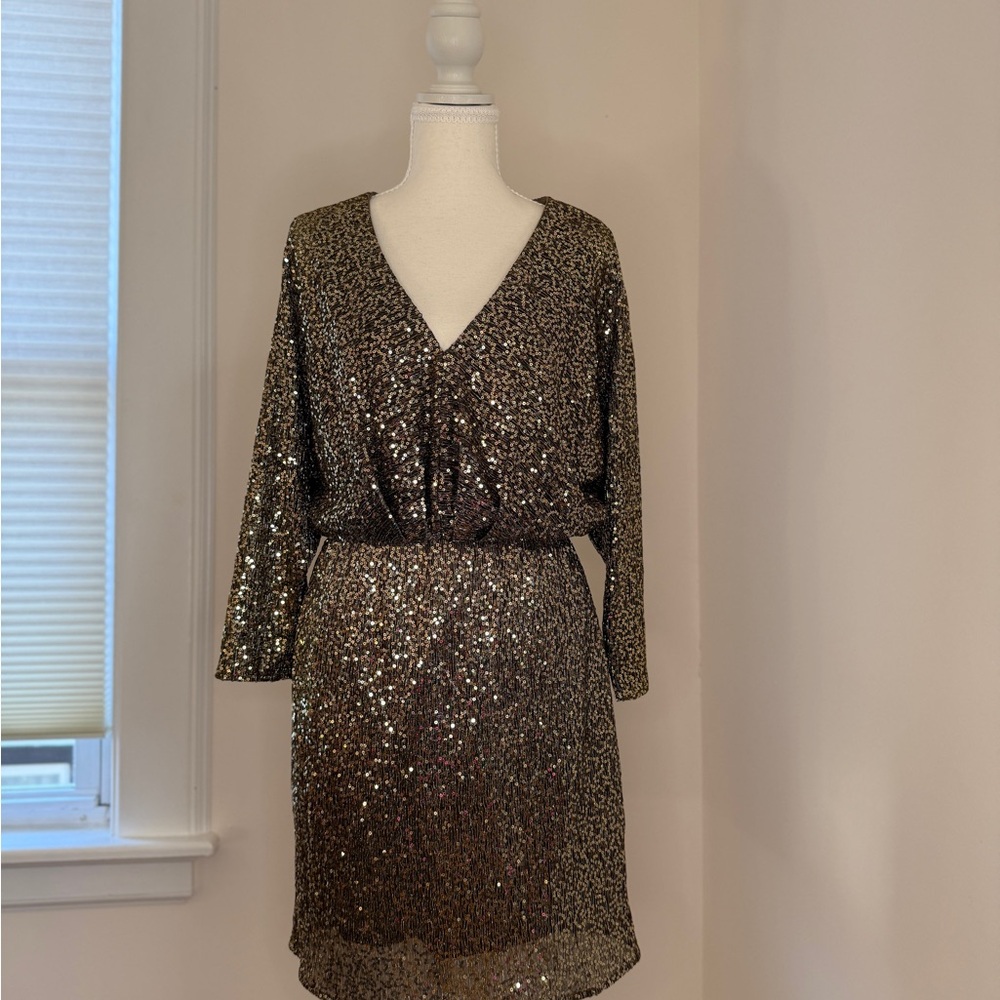 Trina Turk Mini Gold Sequin V-Neck Dress